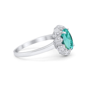 Oval Wedding Ring Halo Simulated Paraiba Tourmaline CZ 925 Sterling Silver